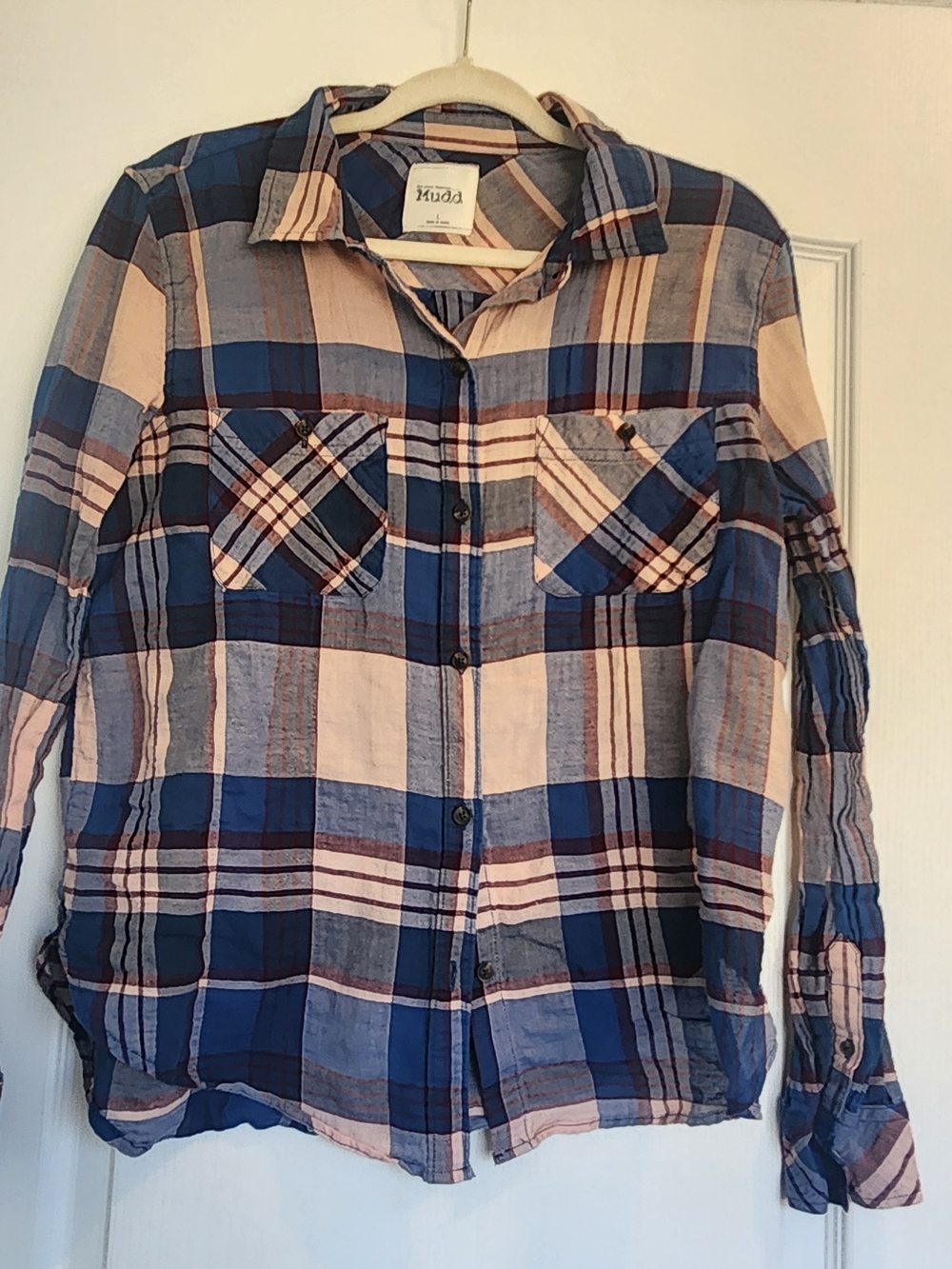 Mudd Womens Blue and Pink Plaid Button-Down Shirt L Euc